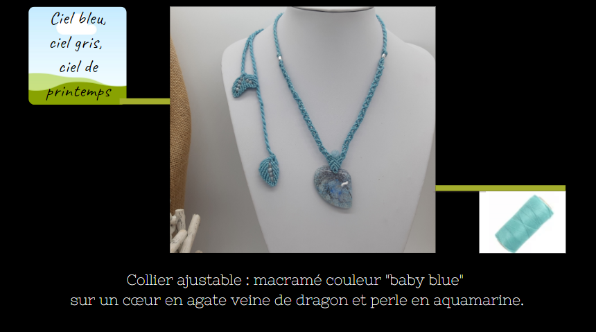collier bleu en macramé sur cœur asymétrique en agate bleue et perle en aquamarine
