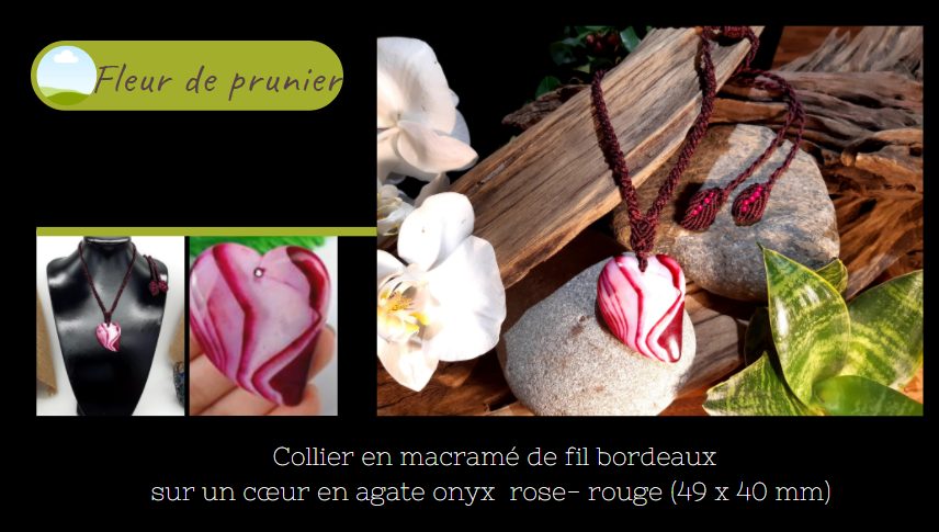 collier rouge en agate onyx rose rouge et macramé