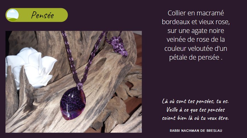 collier violet sur agate noir et violet en macramé bordeaux et vieux rose