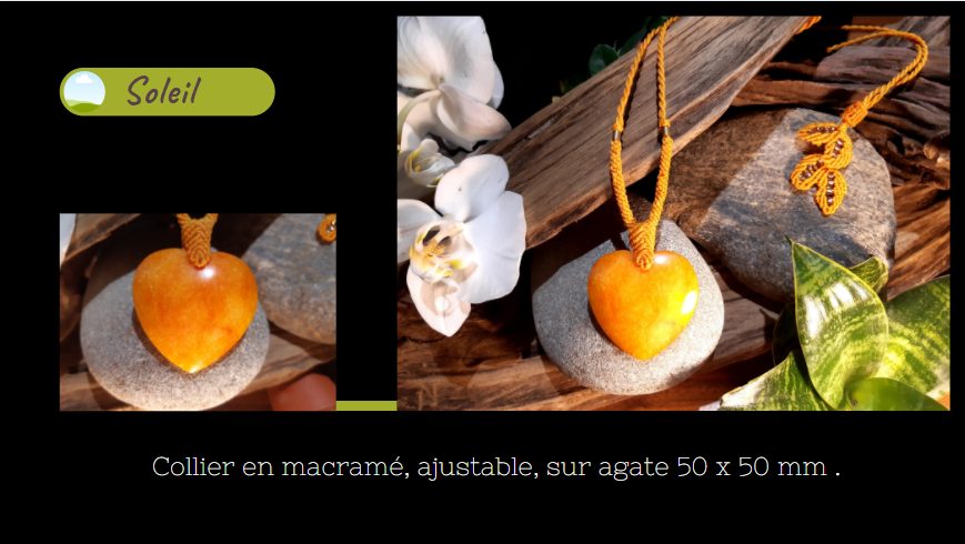 collier jaune-orange sur cœur en agate et macramé