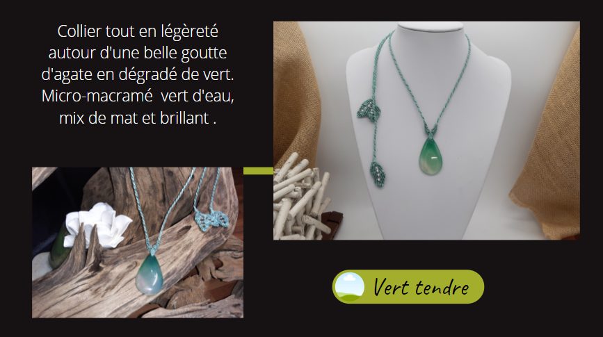 collier vert sur goutte d'agate onyx, et macramé Vert tendre